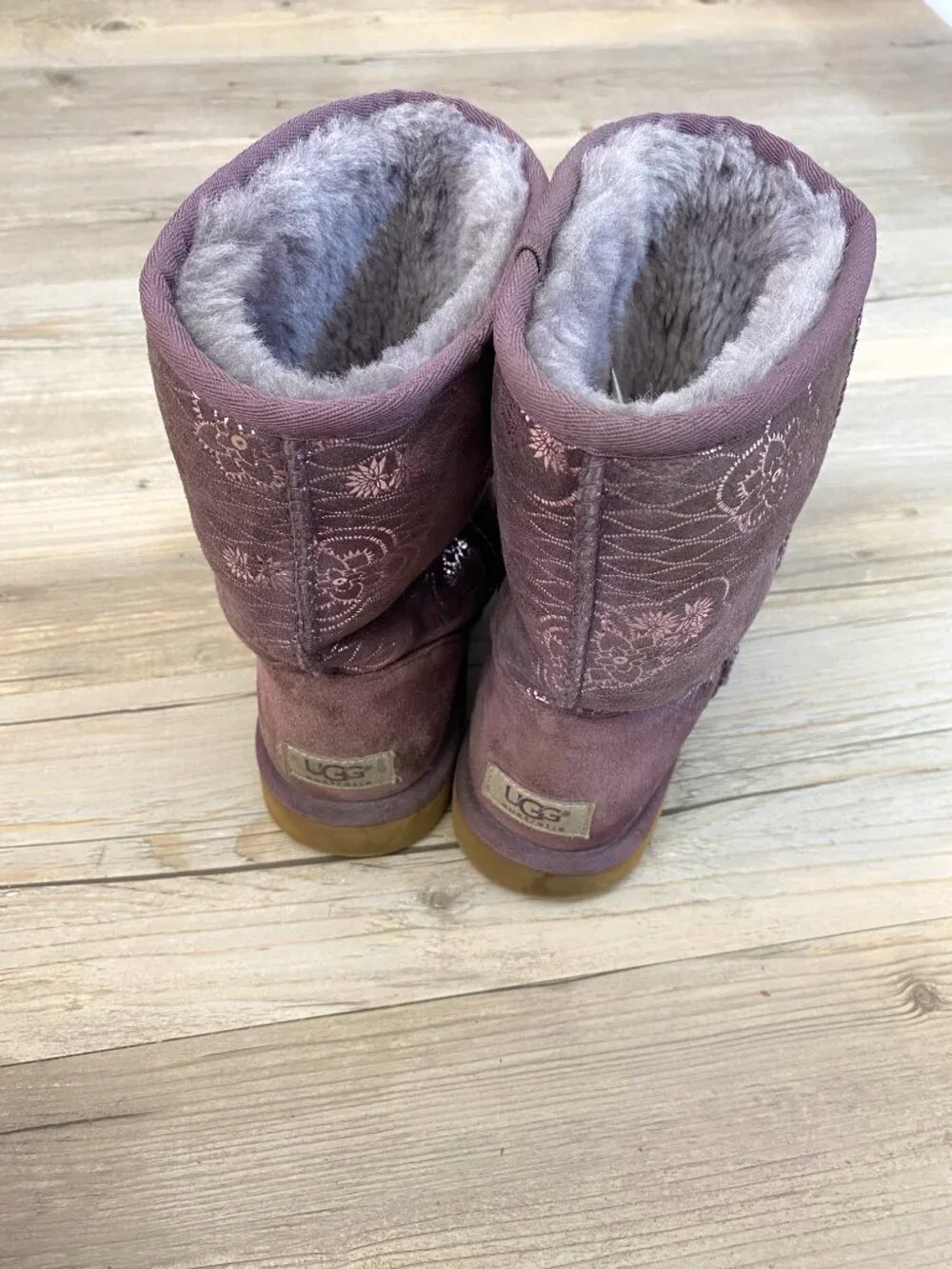 UGG Classic Genuine Shearling Lined Metallic Floral Purple Short Boots - Size 8